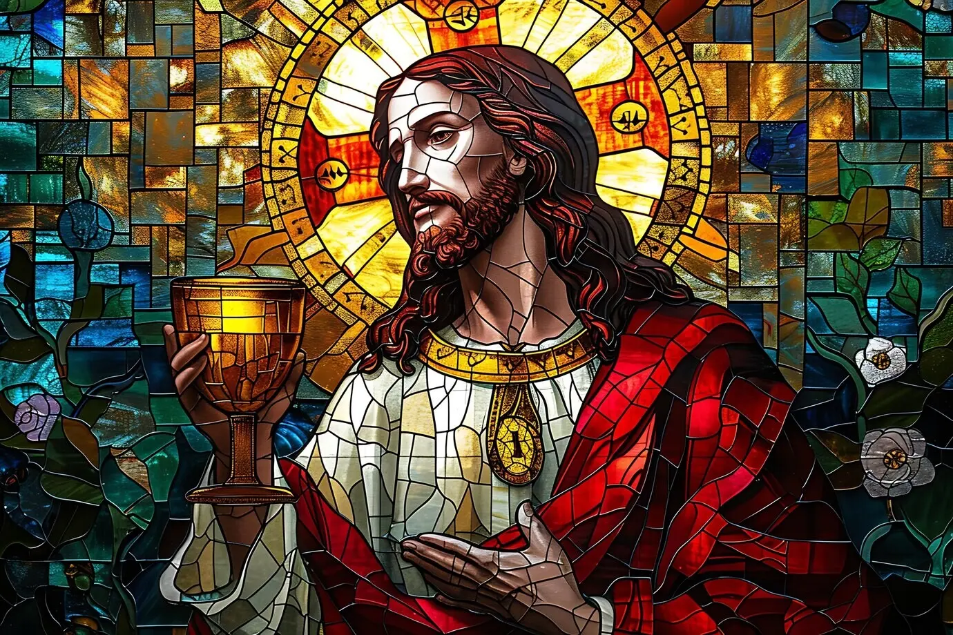 다채로운 스테인드글라스에 묘사된 성찬식의 종교적 장면